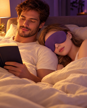 Couple au lit : il lit, elle dort avec le masque de nuit Lunae Mini