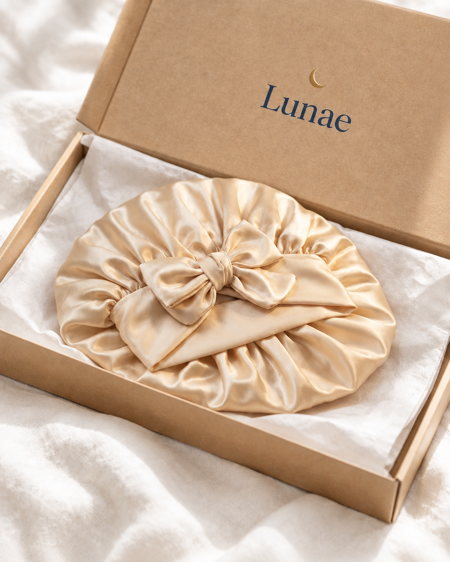 Bonnet de nuit Lunae en satin champagne posé sur son carton Lunae