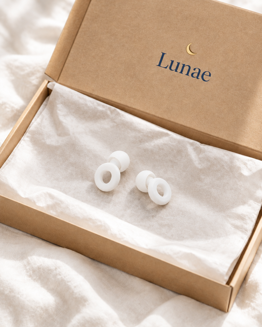 Bouchons d'oreille Lunae Silence blancs posés sur leur carton Lunae